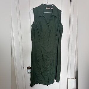 Apostrophe Dark Green 100% Linen Collared, Sleeveless Shirt Dress, Lightweight
